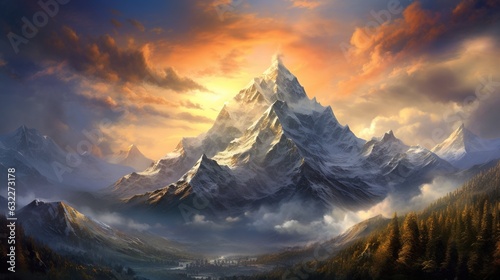  a painting of a mountain with a sunset in the background.  generative ai © Anna