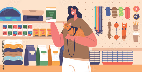Pet Owner Female Character Browsing Shelves, Selecting Food For Cat In A Bustling Pet Store. Gentle Purrs Fill The Air