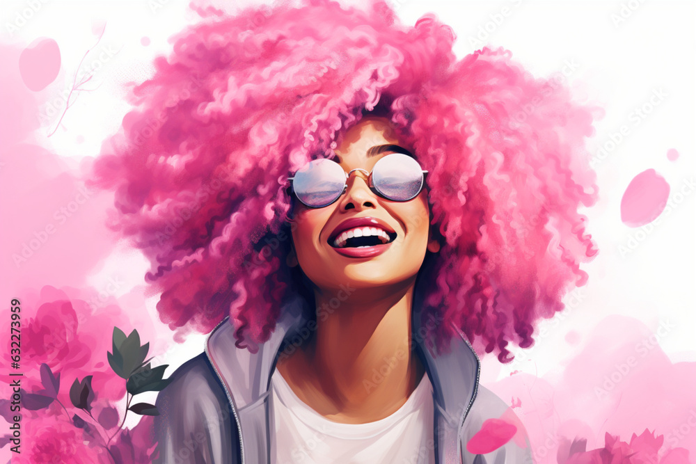 Smiling woman with pink afro hair in sunglasses Smiling woman with pink afro hair in sunglasses