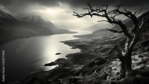 Black and white illustration of a large lake in the mountains, misty ambience 