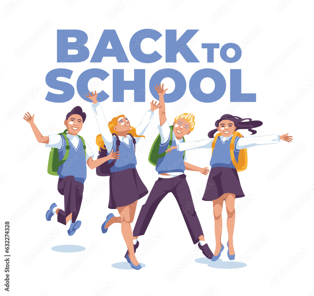 back to school banner, poster. Four happy schoolboys and schoolgirls are jumping on the background of the text. White background back to school banner, poster. Four happy schoolboys and schoolgirls are jumping on the background of the text. White background