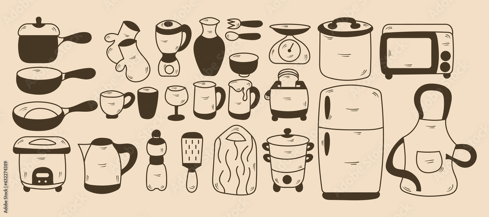 Hand Drawn Kitchen Utensils Collection in Doolde Vector Element Illustration Style Hand Drawn Kitchen Utensils Collection in Doolde Vector Element Illustration Style