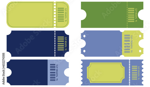 Set of six blank tickets with barcodes. Bright ticket mockups for circus, concert, certificate, boarding, lottery, movie and coupon