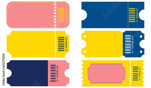 Set of six blank tickets. Bright ticket mockups for circus, concert, certificate, boarding, lottery, movie and coupon