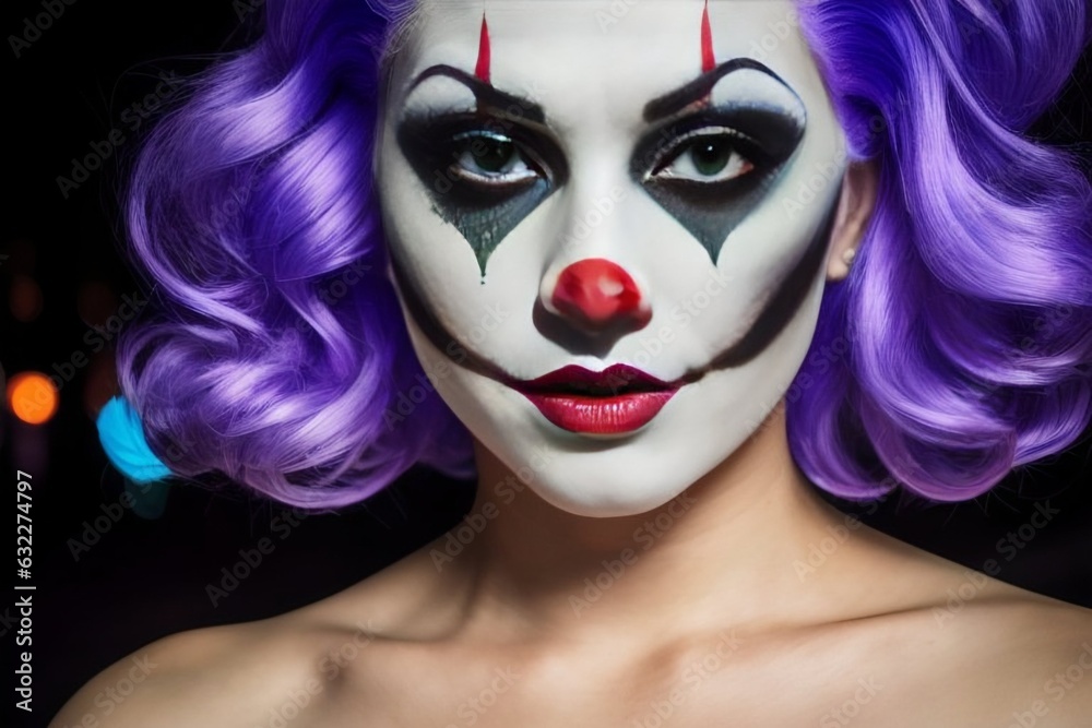 Halloween. close-up portrait of a clown girl in make-up, smile, purple hair, on a city street at night Halloween. close-up portrait of a clown girl in make-up, smile, purple hair, on a city street at night