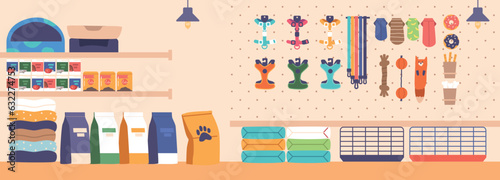 Pet Store Interior With Colorful Displays Of Animal Supplies, Toys, And Treats. Comfortable Area with Cages, Food, Beds