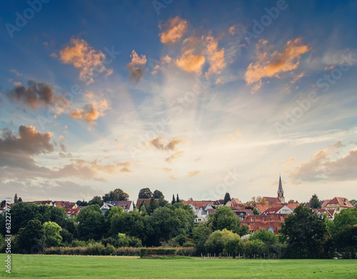 Freiberg am Neckar On the Sunset. Small European town in Baden Wurttemberg, Germany, Europe. Nekar river, southwestern Germany