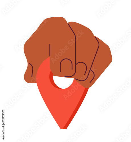 Fingers put gps pin semi flat colour vector object. Choose location. Editable cartoon clip art icon on white background. Simple spot illustration for web graphic design