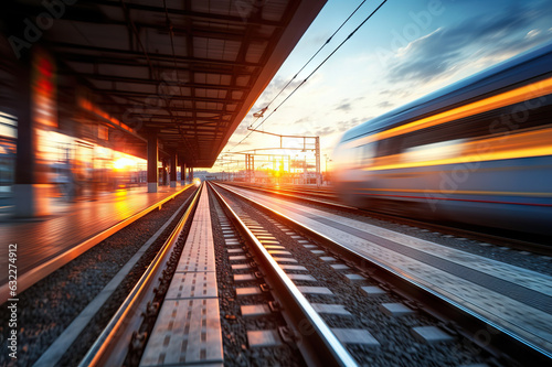 Sunset Symphony Railway Station in Europe - Industrial Landscape with Motion Blur and Orange Sunlight, Embracing the Spirit of Transportation. created with Generative AI