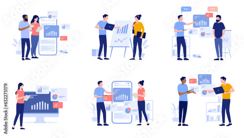 People working with data and charts collection - Set of vector illustration of business characters standing and doing computer work with diagrams and graphs. Flat design and white background