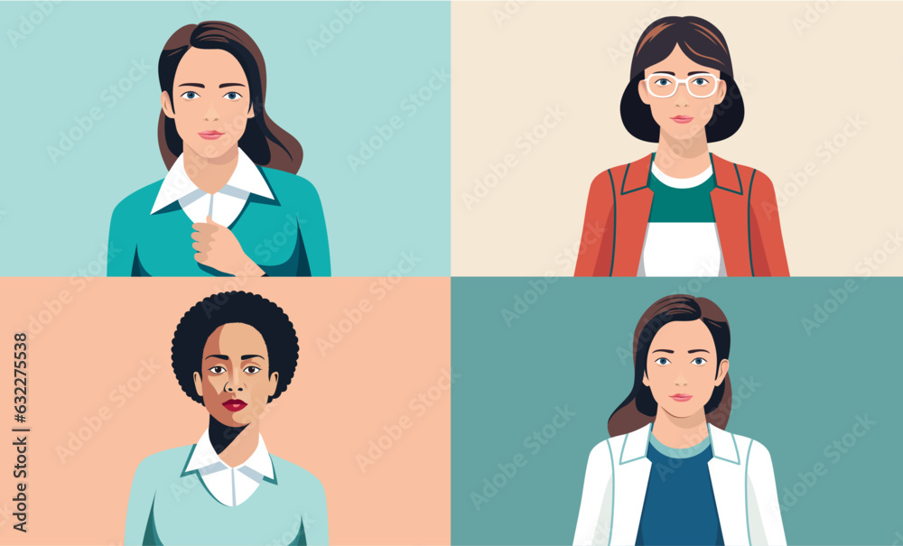 Fototapeta premium Women portrait collection - Set of vector illustrations of diverse female characters face and upper body looking directly in camera. Flat design and front view