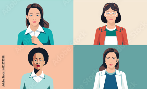 Women portrait collection - Set of vector illustrations of diverse female characters face and upper body looking directly in camera. Flat design and front view