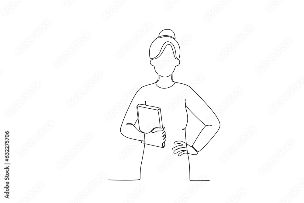 A teacher holding a textbook. World teacher day one-line drawing