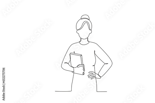 A teacher holding a textbook. World teacher day one-line drawing