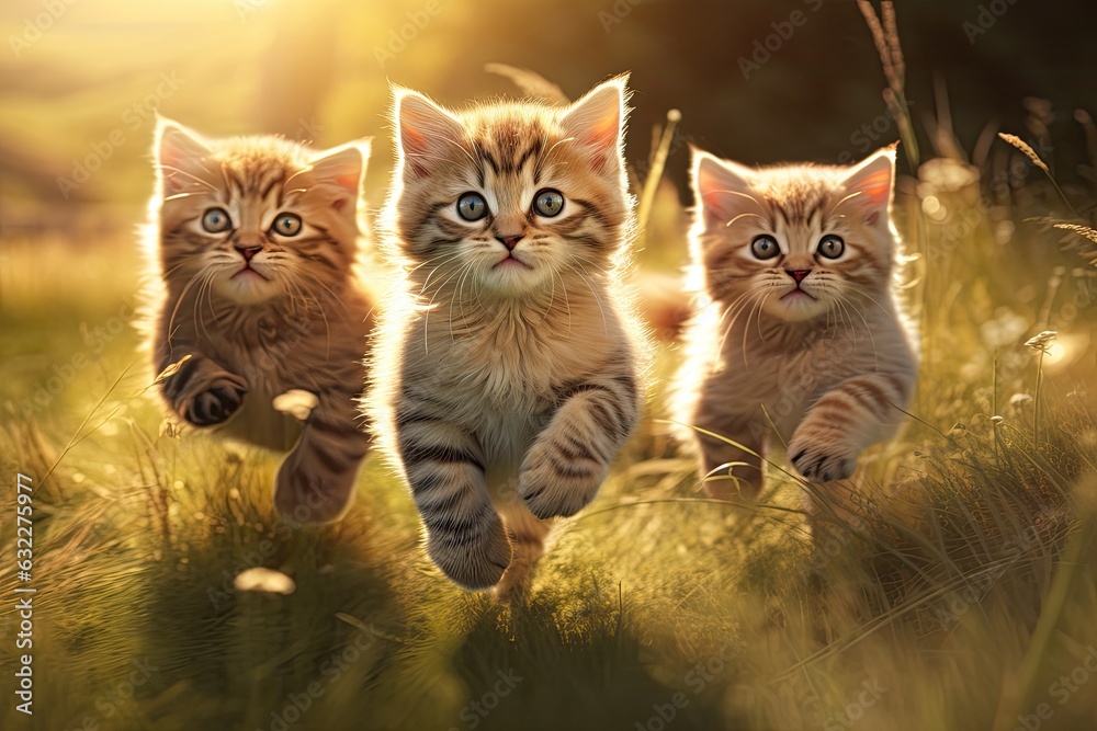 Three cute cats running on the meadow