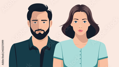 Couple portrait with man and woman - Vector illustration of male and female characters face and upper body. Flat design and front view