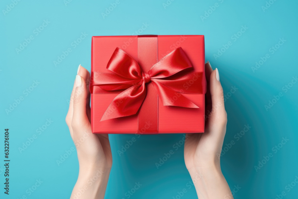 Beautiful red gift box with red ribbon in woman's hands Generative AI Beautiful red gift box with red ribbon in woman's hands Generative AI