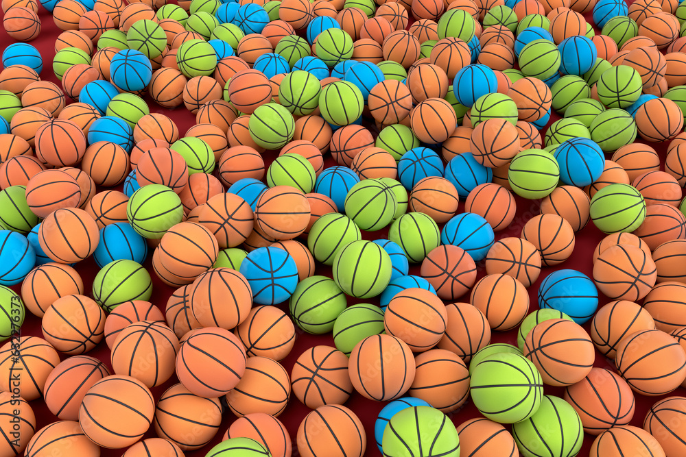 Many of flying multicolor basketball ball falling on red background