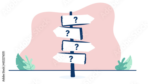 Crossroad vector sign - Illustration of signpost pointing in different direction with question marks. Flat design on white background