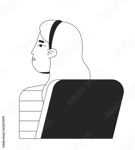 Caucasian young female student sitting in chair behind flat line black white vector character. Editable outline half body person. Learning simple cartoon isolated spot illustration for web design