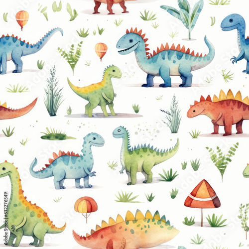 Whimsical Dinosaur Delight: A Vibrant Watercolor Seamless Pattern for Kids © Andriuk