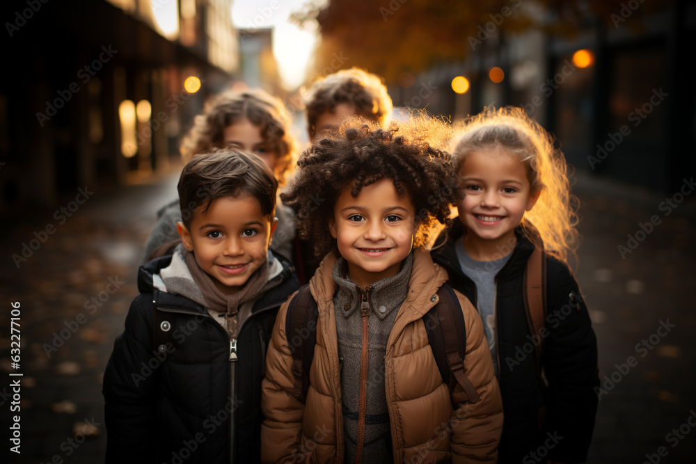 Diverse group of children head to school at dawn