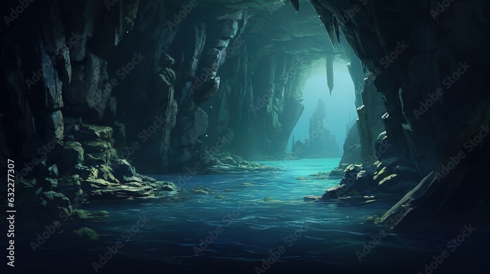  a dark cave with a stream in the middle of it.  generative ai