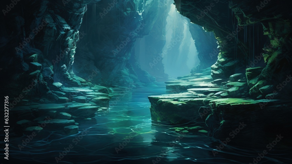  a painting of a cave with a stream running through it.  generative ai