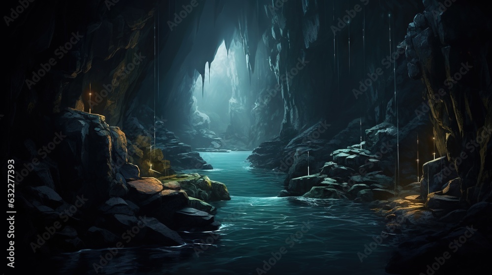  a dark cave with a stream running through the middle of it.  generative ai