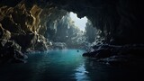  a cave with a body of water in it and a boat in the water.  generative ai