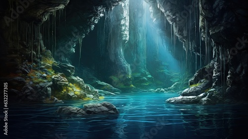  a painting of a cave with a river running through it. generative ai