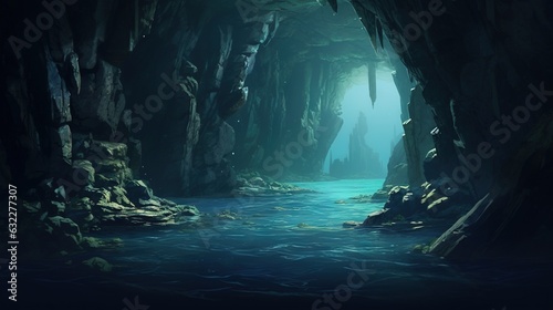  a dark cave with a stream in the middle of it.  generative ai © Anna