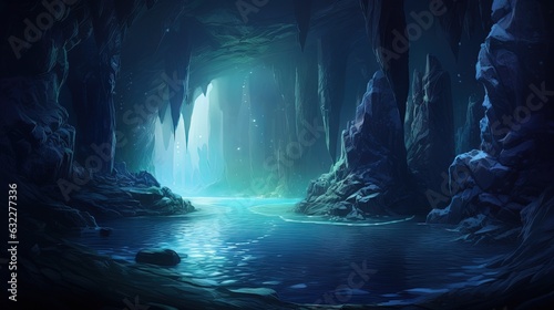  a dark cave with a stream in the middle of it. generative ai