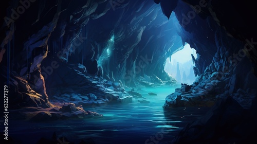  a dark cave with a stream and a light at the end.  generative ai © Anna