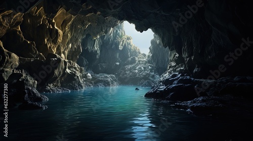  a cave with a body of water in it and a boat in the water. generative ai