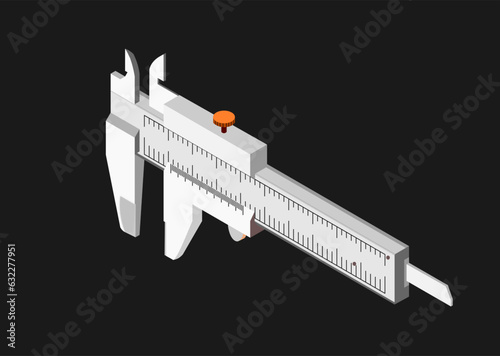 A Vernier caliper isolated on black background. Its a visual aid to take an accurate measurement reading between two graduation markings on a linear scale by using mechanical interpolation