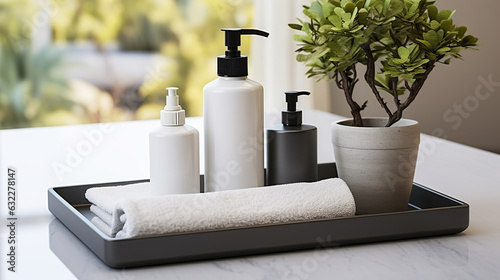 A personal care set product containers pump bottle with blank label and toothbrush and cup in a modern black tray beside white clean towel and aroma plants on white background.