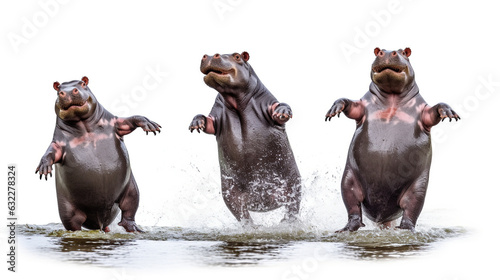 Three dancing cheerful hippos isolated on white background