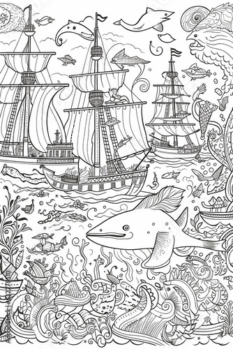 old sailing ship. pencil drawing. Children's coloring book. AI generation..