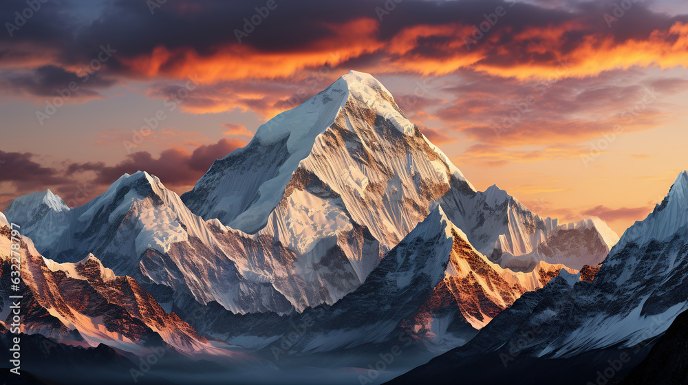 Mountain peak of the tibetan snow-capped mountains, a beautiful panorama of the mountains at sunset of the day, Generative AI
