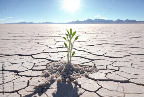 lonely plant sprouting through dry cracked earth in the desert