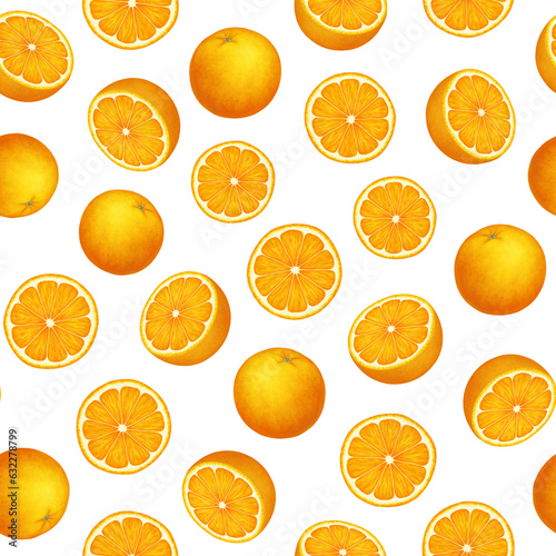 Citrus fruit seamless pattern. Colorful vivid print with juicy orange slices. Repeated luxury design for packaging, cosmetic, menu, cafe, textile. Realistic detailed illustration.