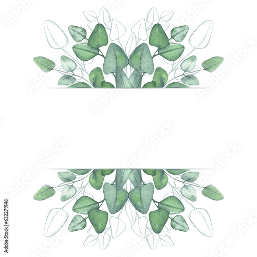 Eucalyptus. Set of green branches. Horizontal banner for text in a rustic style. Watercolor illustration for design greeting cards  invitations  save the date