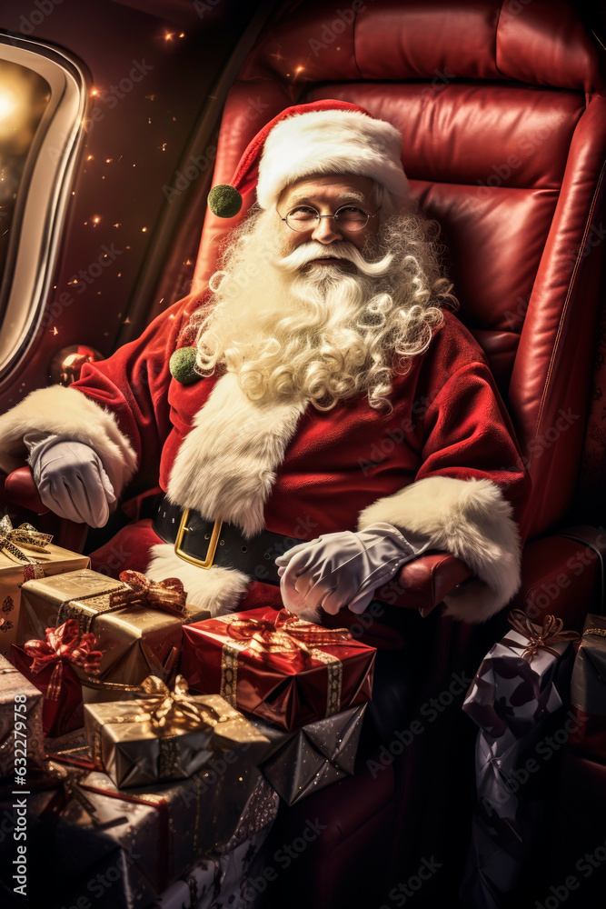 Generative AI illustration of Santa Claus flying in a private jet surrounded by gifts Generative AI illustration of Santa Claus flying in a private jet surrounded by gifts