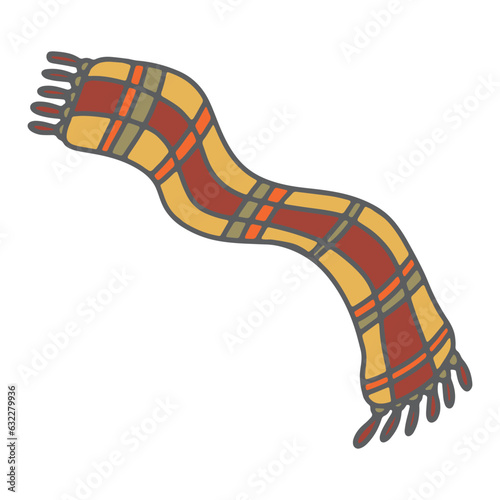 Autumn scarf vector illustration. Hand drawn doodle plaid checkered long scarf isolated on white background. Warm fall clothes with fringe. Retro 70s nostalgia vibes graphic
