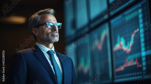 man or broker watching stock market on screens
