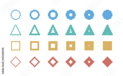 ドット絵　図形　かわいい装飾イラストセット　丸三角四角　菱形　ピクセル