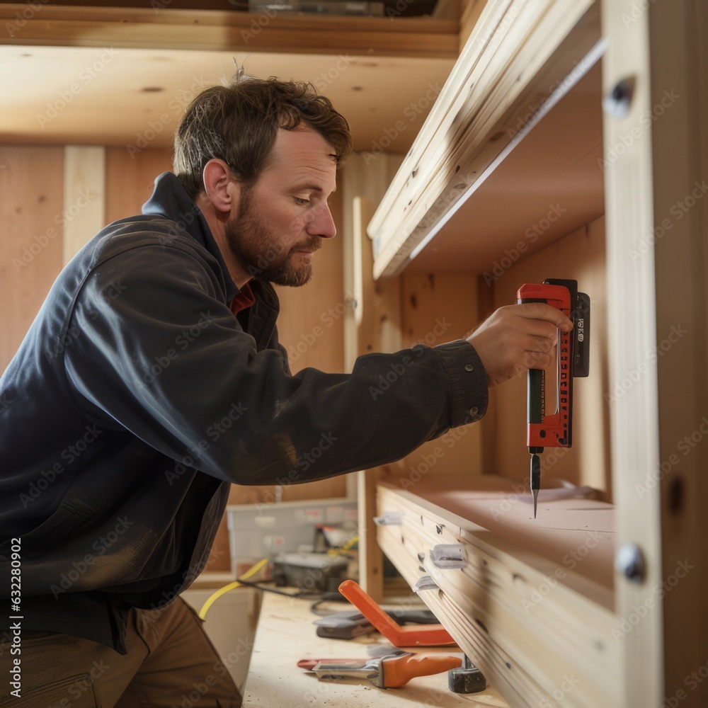 Carpenter placing and checking a spirit level on a wooden cabinet Stock ...