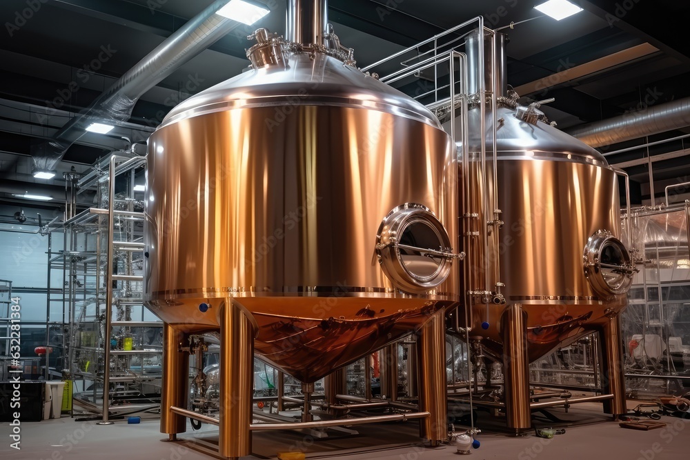 Brewery Equipment, Brew Beer Manufacturing, Round Cooper Storage Tanks, Generative AI Illustration