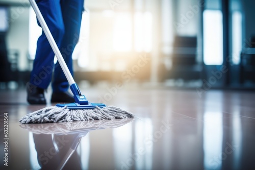 Obraz na płótnie Janitor Mopping an Office Floor, Mop Close-Up, Cleaner Cleans the Floors, Generative AI Illustration w salonie